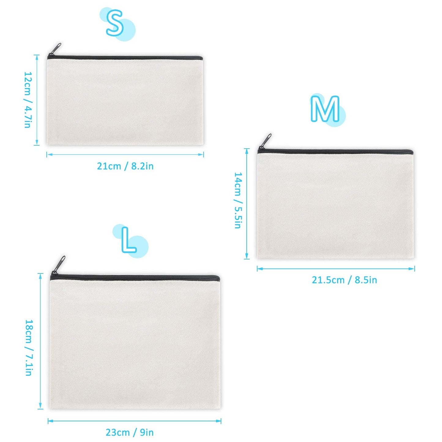 Sinzip 12 Pieces White Cotton Canvas Makeup Bag, Multipurpose Cosmetic Bag with Zipper Travel Toiletry Pouch, Blank DIY Craft Bag (White, L)