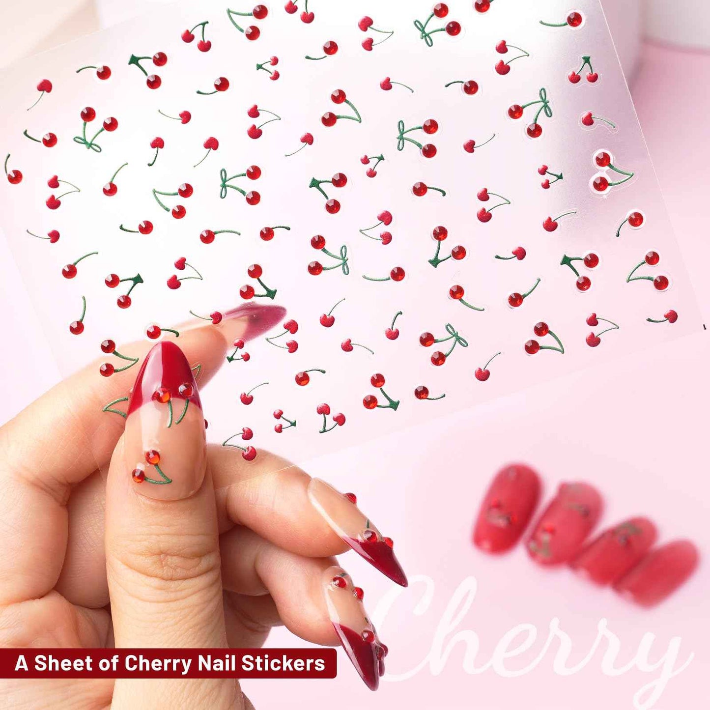 Pretty Diva Nail Art Stickers Crystal Cherry Art Nail Sticker Decals, 5D Cherries Nails Rhinestones Charms Fruit Self-Adhesive DIY Design French Tip Nail Decals