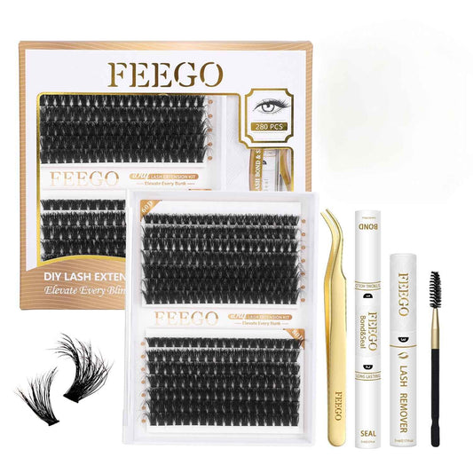 FEEGO Volume Lash Clusters Kit Eyelash Extensions Kit Lash Clusters DIY Lash 280pcs Individual Lashes Clusters 60D+80D D Curl Lashes, Double-headed mascara brush, Remover (6080D Charming Kit)