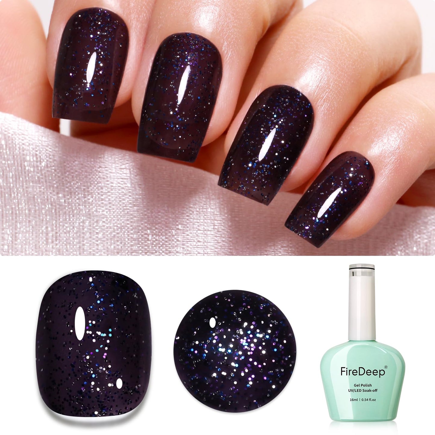 Firedeep Black Glitter Gel Nail Polish 16ML Big Bottles Black Iridescent Sparkly Shimmer UV/LED Soak Off Gel Polish for Nail Art Manicure DIY 1Pcs