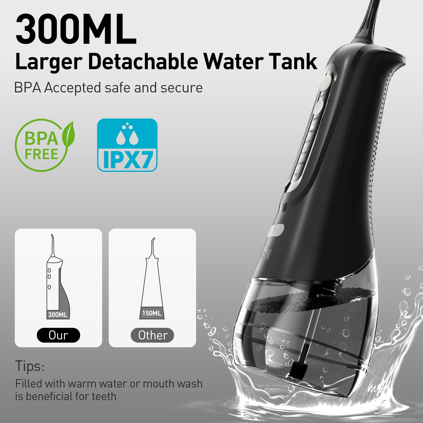 ZPN Water Dental Flosser Cordless for Teeth Cleaning，with 4 Modes Oral Irrigator, 5 Replaceable Jet Tips, Portable and Rechargeable IPX7 Waterproof Teeth Cleaner for Home and Travel (Black)