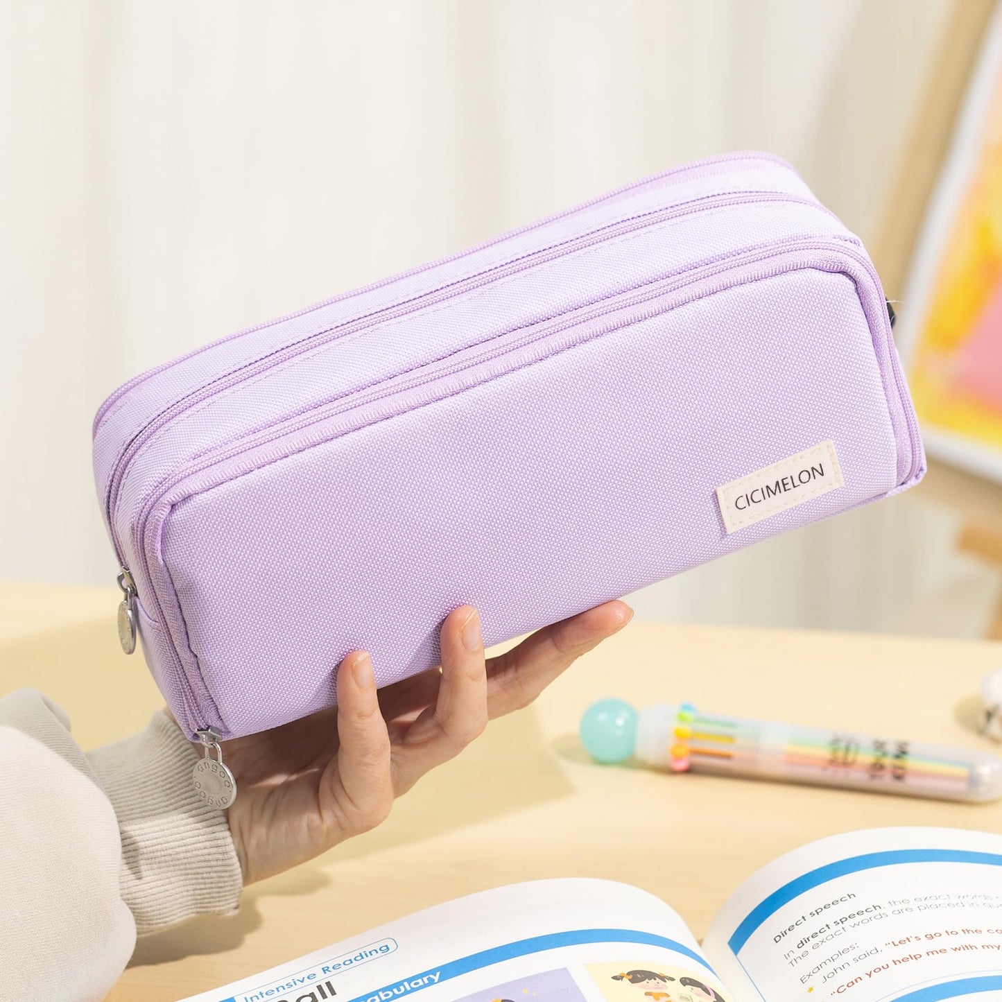 CICIMELON Large Capacity Pencil Case 3 Compartment Pouch Pen Bag for School Teen Girl Boy Men Women (Purple)