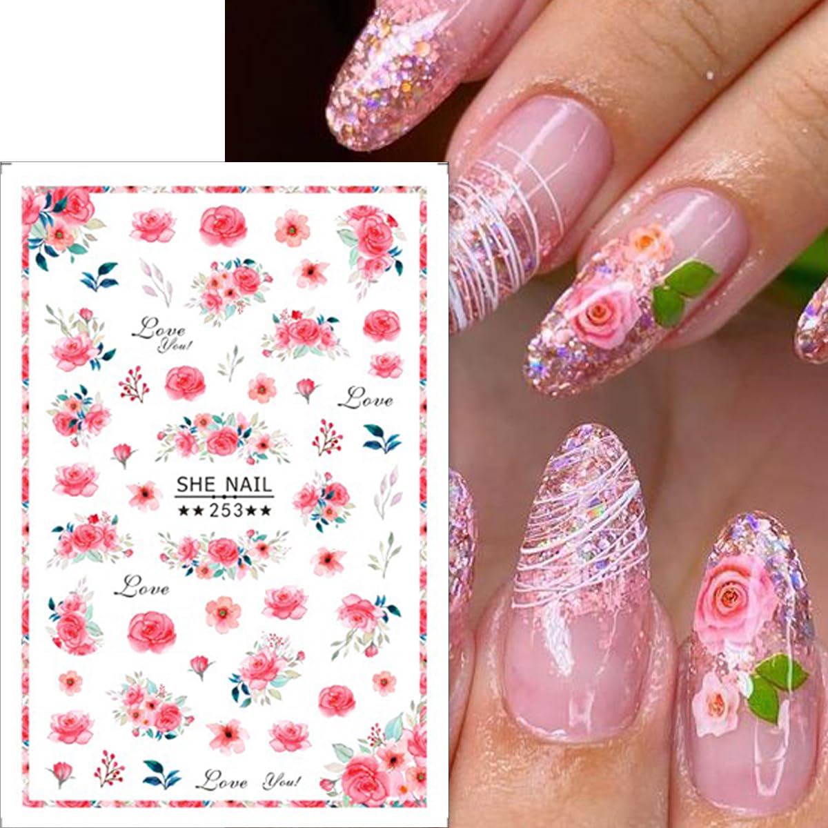 8Sheets Flower Nail Stickers for Nail Art, Flower Nail Decals 3D Self-Adhesive Flowers Rose Nail Art Design Stickers Cute Flower Nail Charms Supplies for Valentine's Day Nail Decoration Accessories