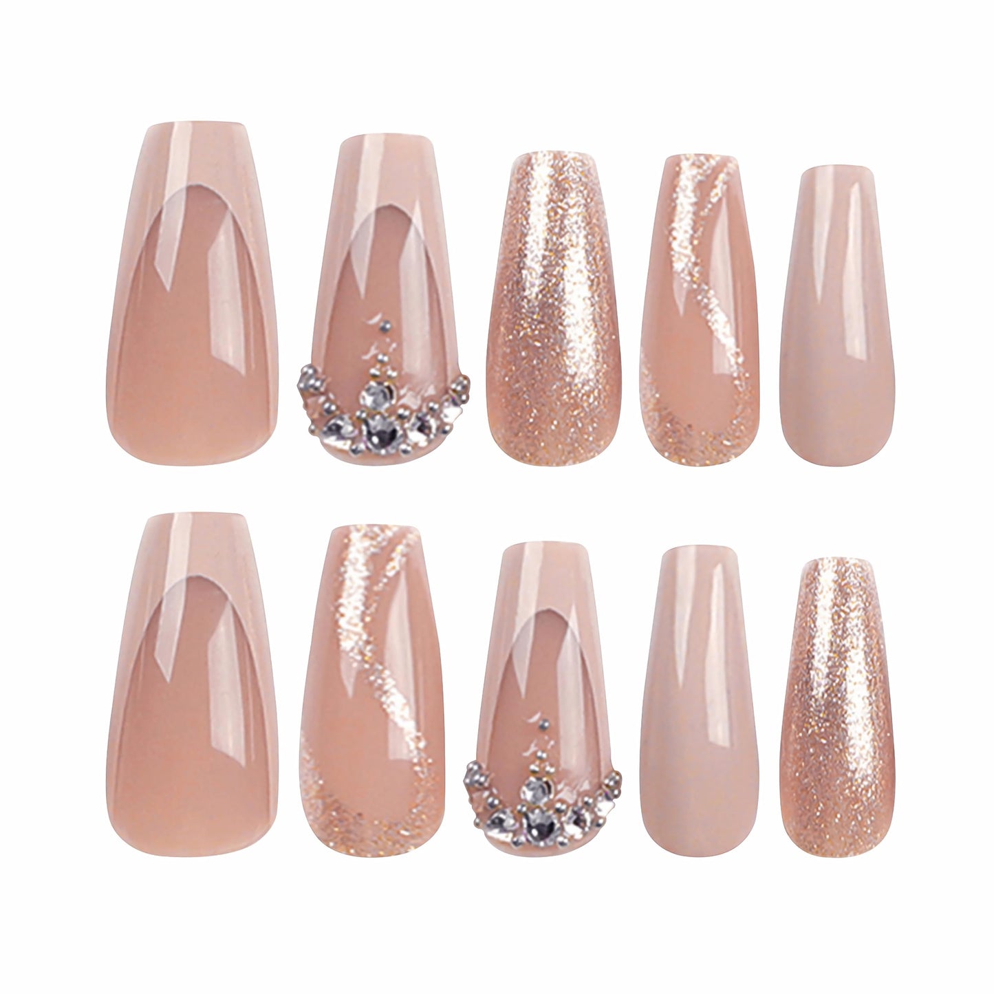 BABALAL Coffin Press on Nails Long Fake Nails Nude French Tip Glue on Nails Golden Glitter New Year Shiny Acrylic Nails Rhinestone 24Pcs Glossy Sparkly Ballerina False Nails for Women and Girls