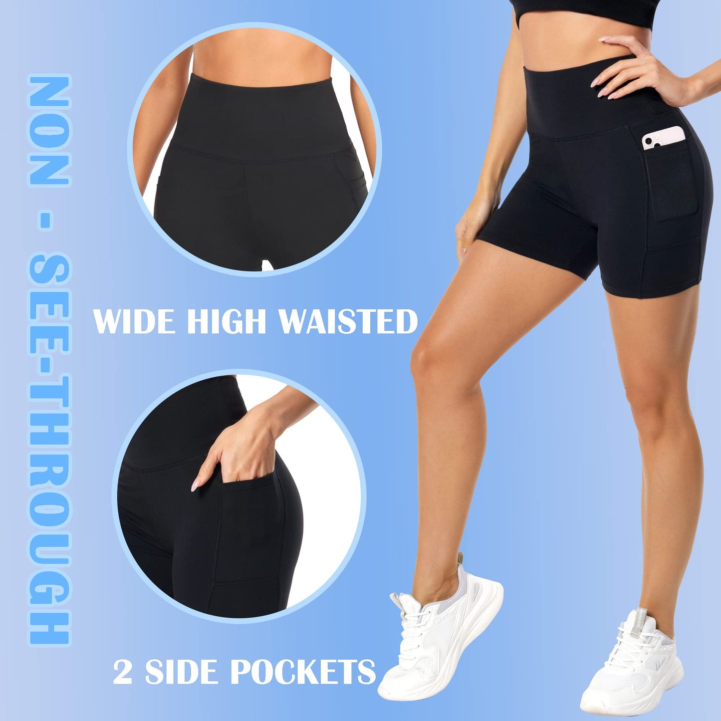 FULLSOFT High Waisted Biker Shorts for Women with Pockets-5" Tummy Control Fitness Athletic Workout Running Yoga Gym Soft Shorts (Black(with Pockets),Small-Medium)