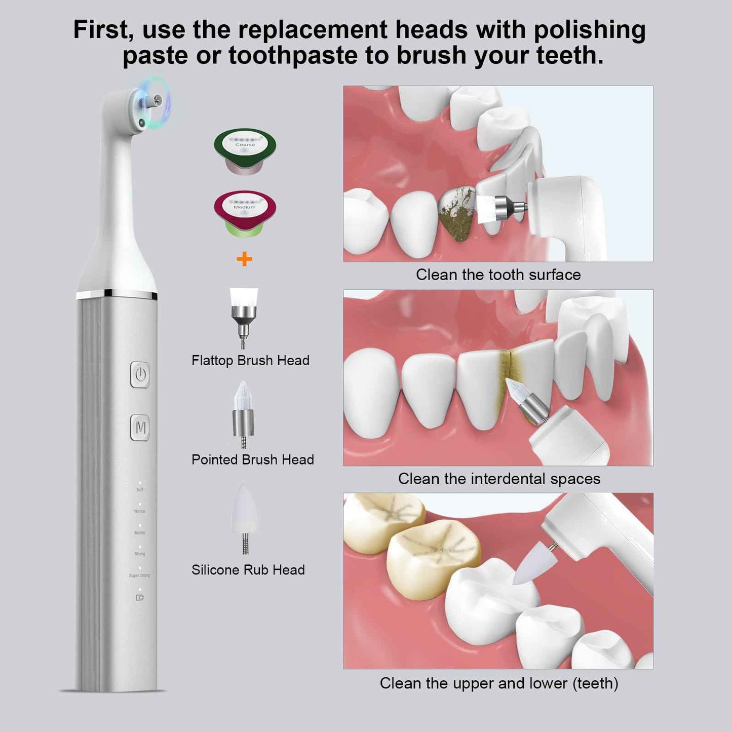 Tooth Polisher and Plaque Remover, Teeth Cleaning Tools for Cleaning and Polishing of Tooth, Dental Cleaning Tools for Brighten and Polish Teeth with 5 Brush Heads, 4 Speed Modes and 3 Polish Pastes