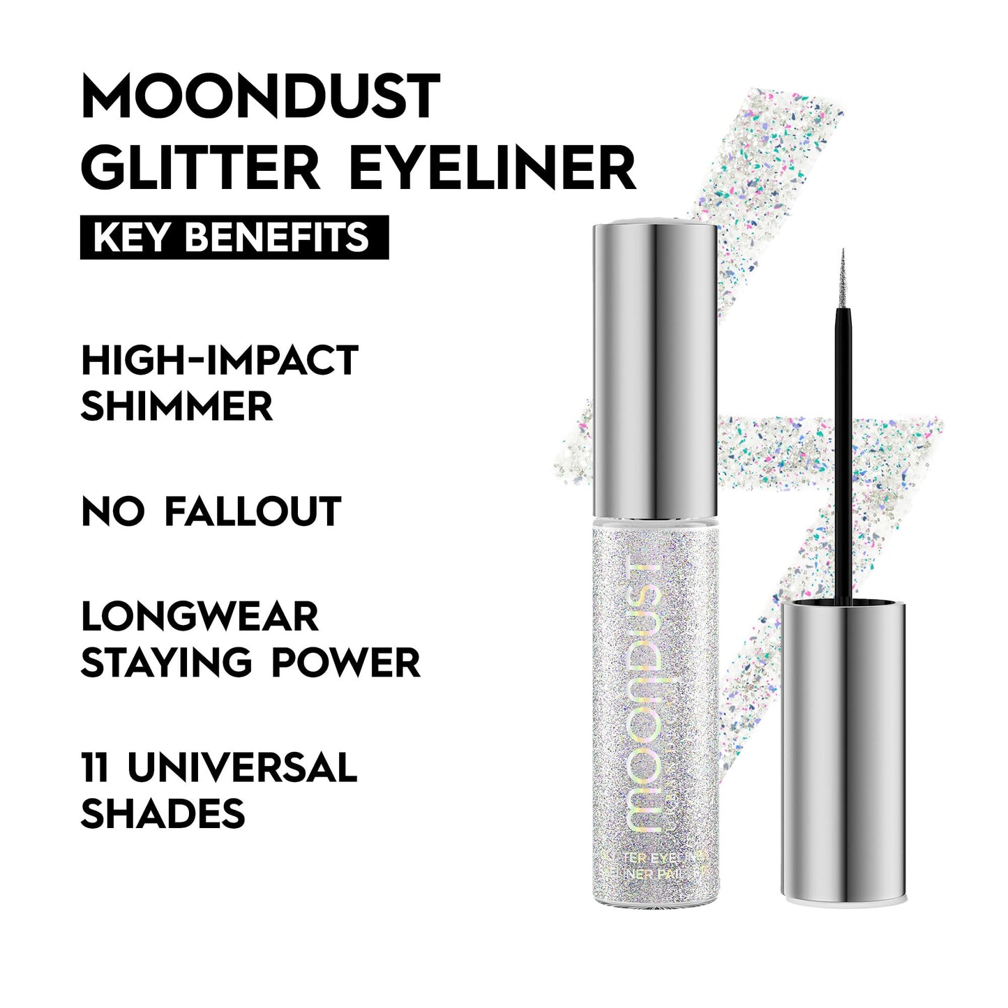 URBAN DECAY Moondust Liquid Glitter Eyeliner (Pyro - Iridescent Silver Glitter), Sparkly Eye Liner, Glitter Eyeshadow Topper, Universal Shimmering Shades, No Fallout - 0.25 fl oz