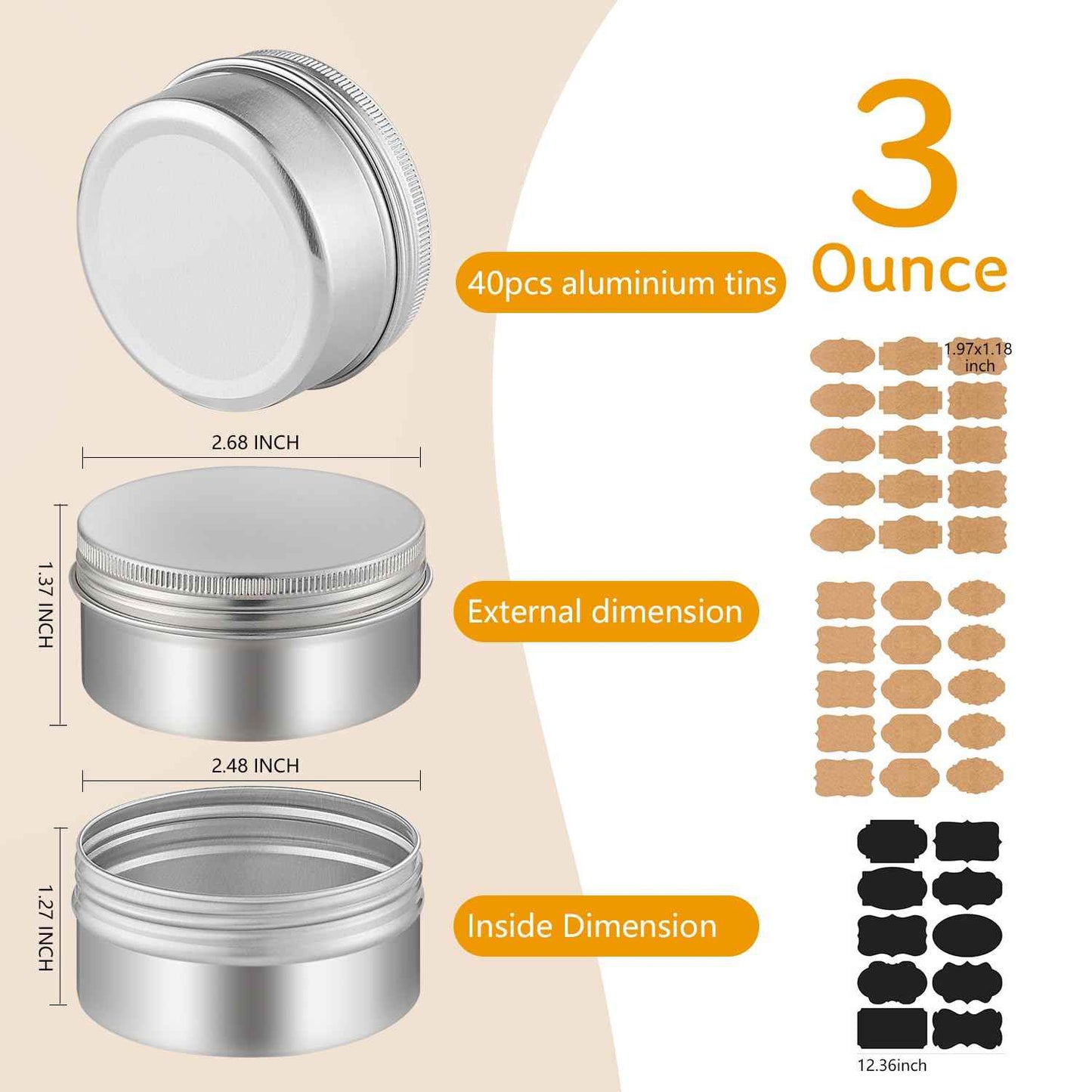 LIYAR 3 oz Tins with Lids, 40 Pack Aluminum Jars 3 oz Tin Salve Tins Refillable Containers With Screw Top and Labels for Salve,Candle,Spices or Balms(Silver)