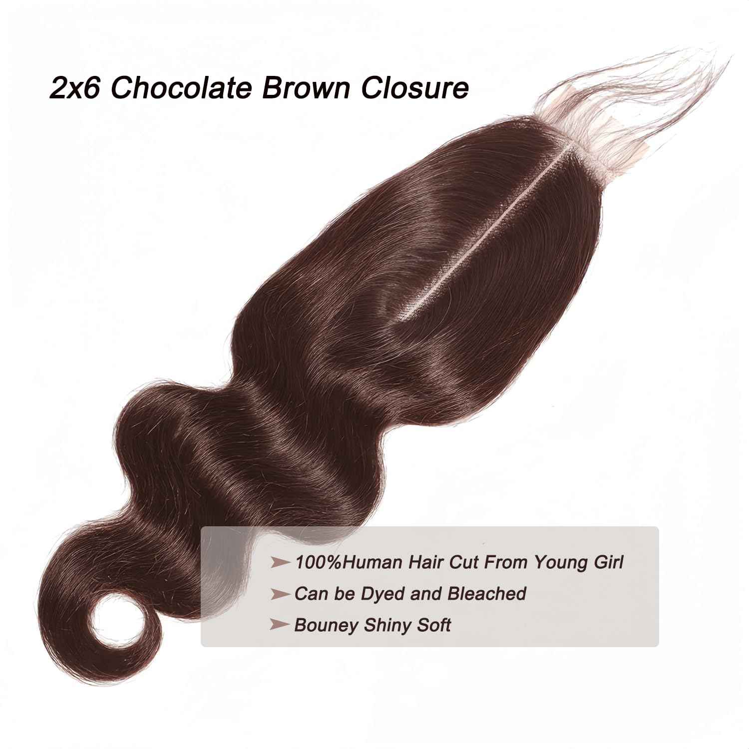 2x6 Transparent Lace Closure Chocolate Brown 4# Closure 100% Human Hair Body Wave Natural Hairline With Baby Hair Deep Part Pre-Plucked 16 Inch