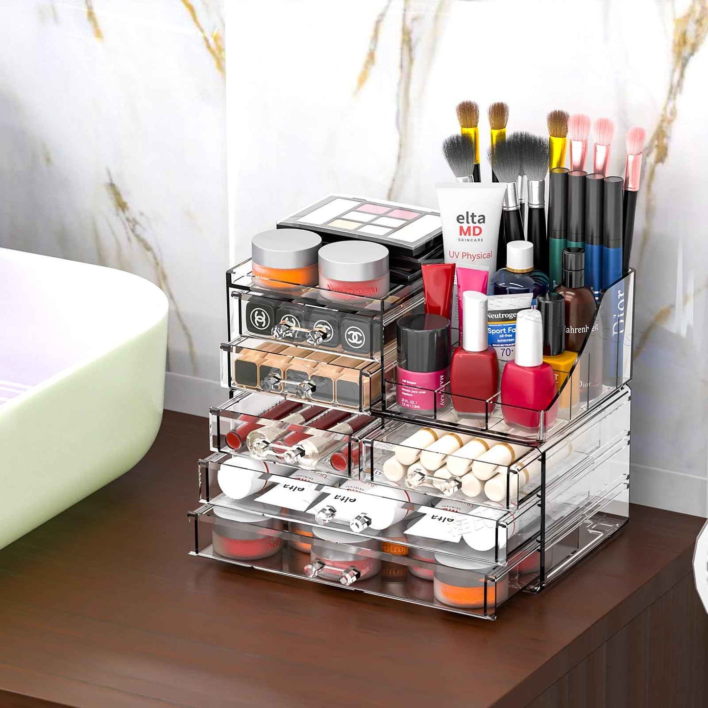 SUOXING Clear Acrylic Makeup Organizer for Vanity,Bathroom,Dresser,6 Drawer Cute Make up Organizers for Counter,Plastic Countertop Makeup Storage for Beauty,Jewelry,Brush,Cosmetic,Skin Care Organizer
