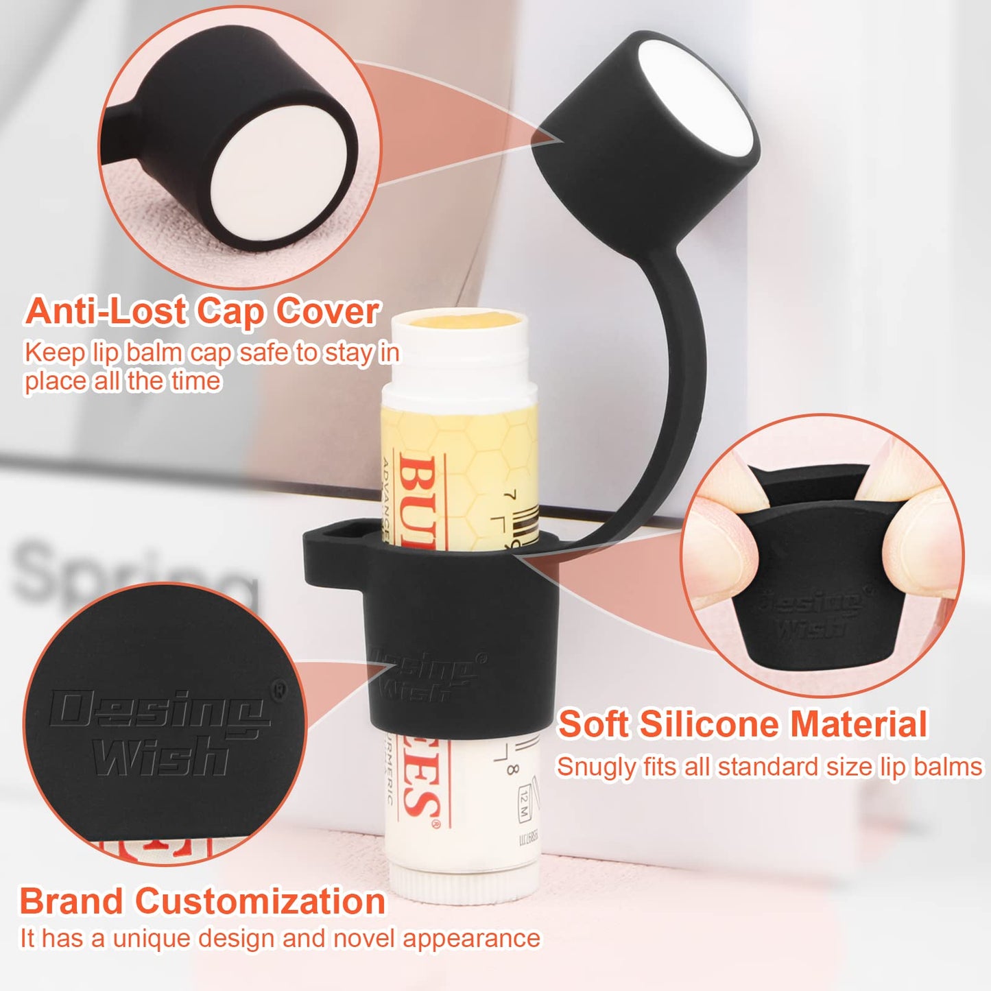 Desing Wish 2 PCS Silicone Lip Balm Holder with Cap Cover Portable Chapstick Holder Keychain Sleeve Lip Balm Key Chain with Key Ring and Wrist Strap Lanyard - Black