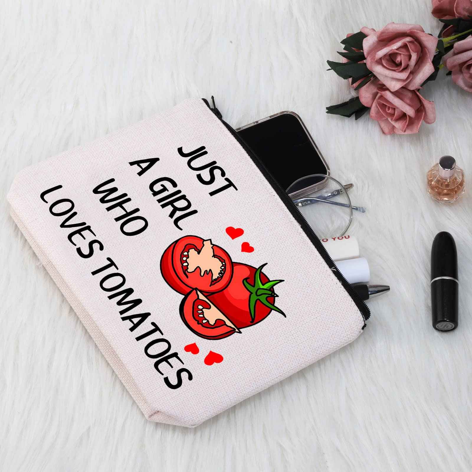 G2TUP Tomato Lover Gift Who Loves Tomatoes Makeup Bag Tomato Gardener Cosmetic bag Tomato Farmer Gift Veggie Zipper Travel Bag (Who Loves Tomatoes White Bag)