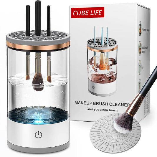 CUBE LIFE Electric Makeup Brush Cleaner, 2024 New Automatic Spinning Makeup Brush Cleaner, Cosmetic Brush Cleaner For All Size Makeup Brushes, Makeup Brush Cleaner Machine with Brush Clean Mat