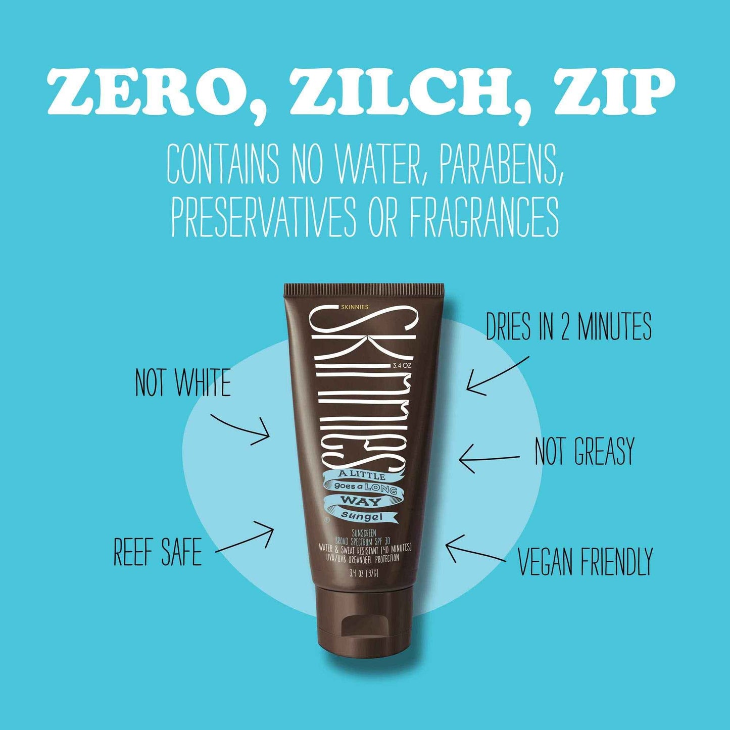 Skinnies Sungel New Formula SPF30 Eco Sunscreen, 3.4oz UVA UVB, Not Diluted With Water, Reef Safe, Vegan, Use Pea Size Blob