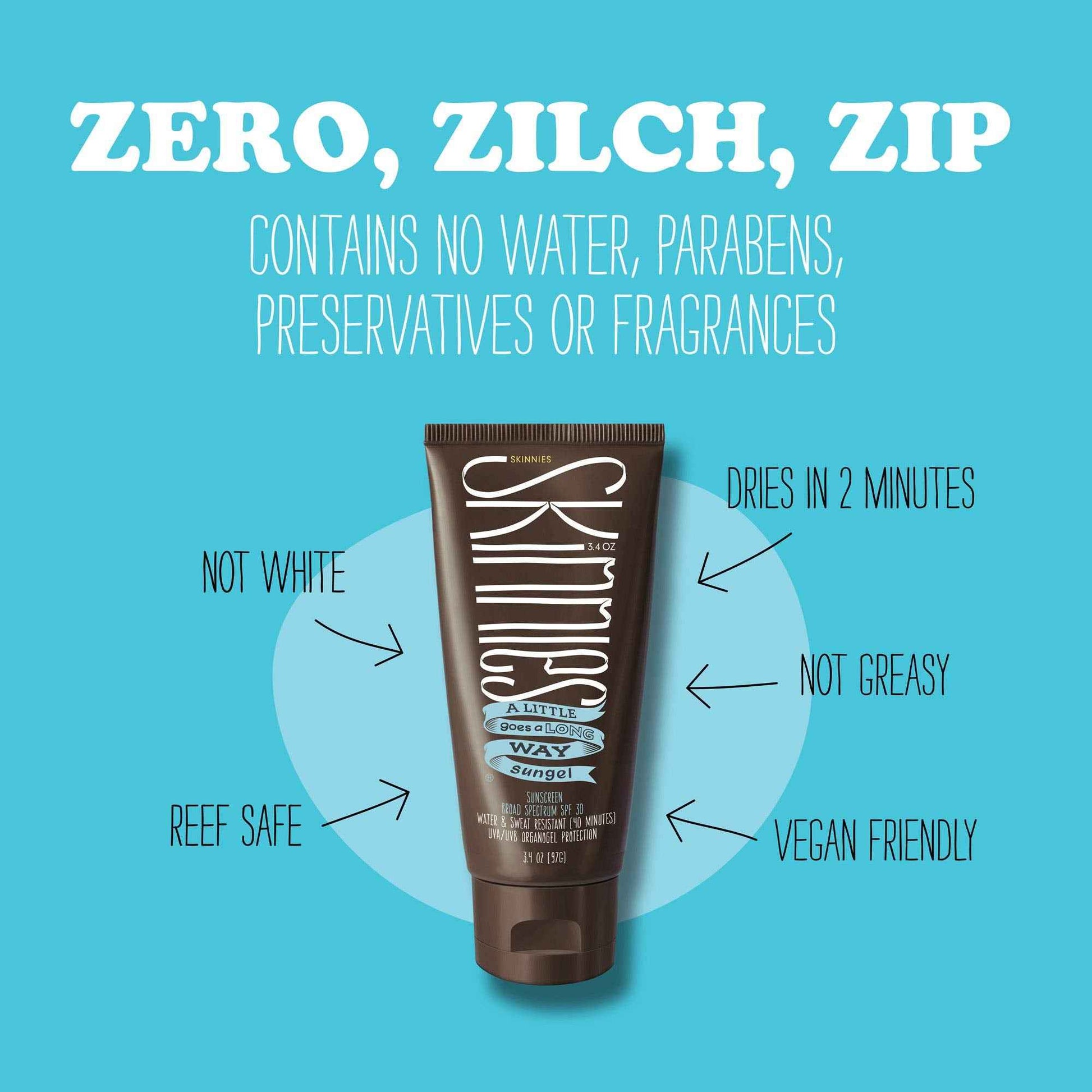 Skinnies Sungel New Formula SPF30 Eco Sunscreen, 3.4oz UVA UVB, Not Diluted With Water, Reef Safe, Vegan, Use Pea Size Blob