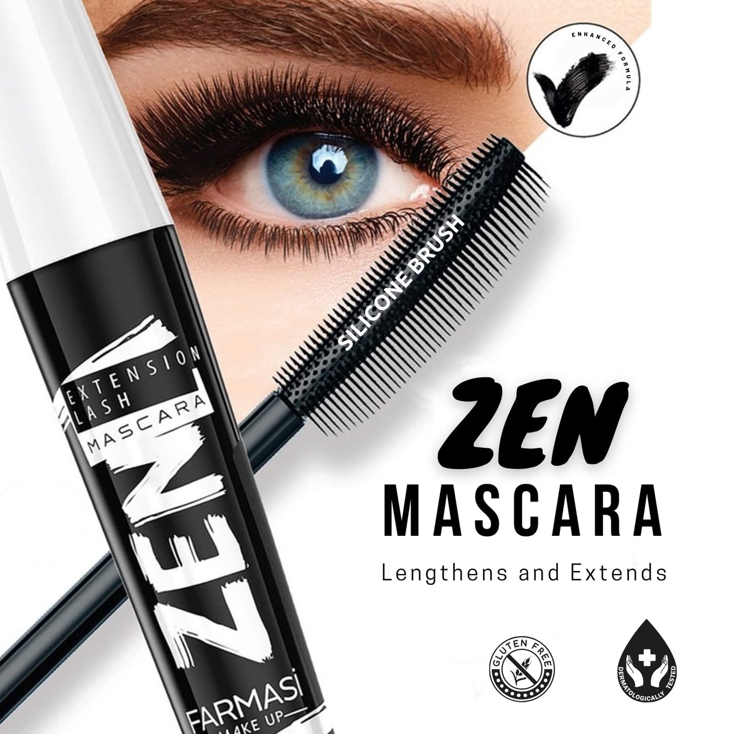 FARMASi Zen Extension Lash Mascara, Intense Length, No Flaking, No Smudging, No Clumping, Volumizes & Separates Lashes, Fuller Longer and Thicker Lashes, Blackest Black, 0.27 fl. Oz / 8 ml