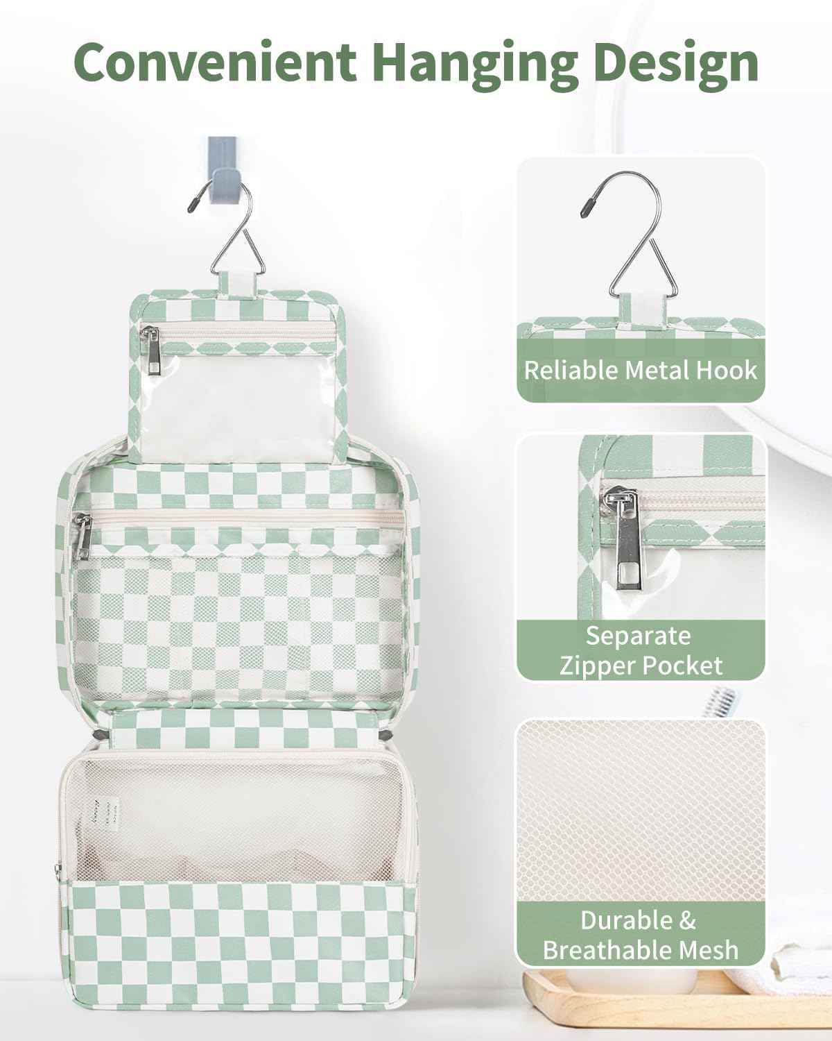 Narwey Small Hanging Travel Toiletry Bag for Women, Travel Bag for Toiletries, Checkered Makeup Bag Organizer Cosmetic Bags Make Up Bags for Girls (Mint Green Checkerboard)