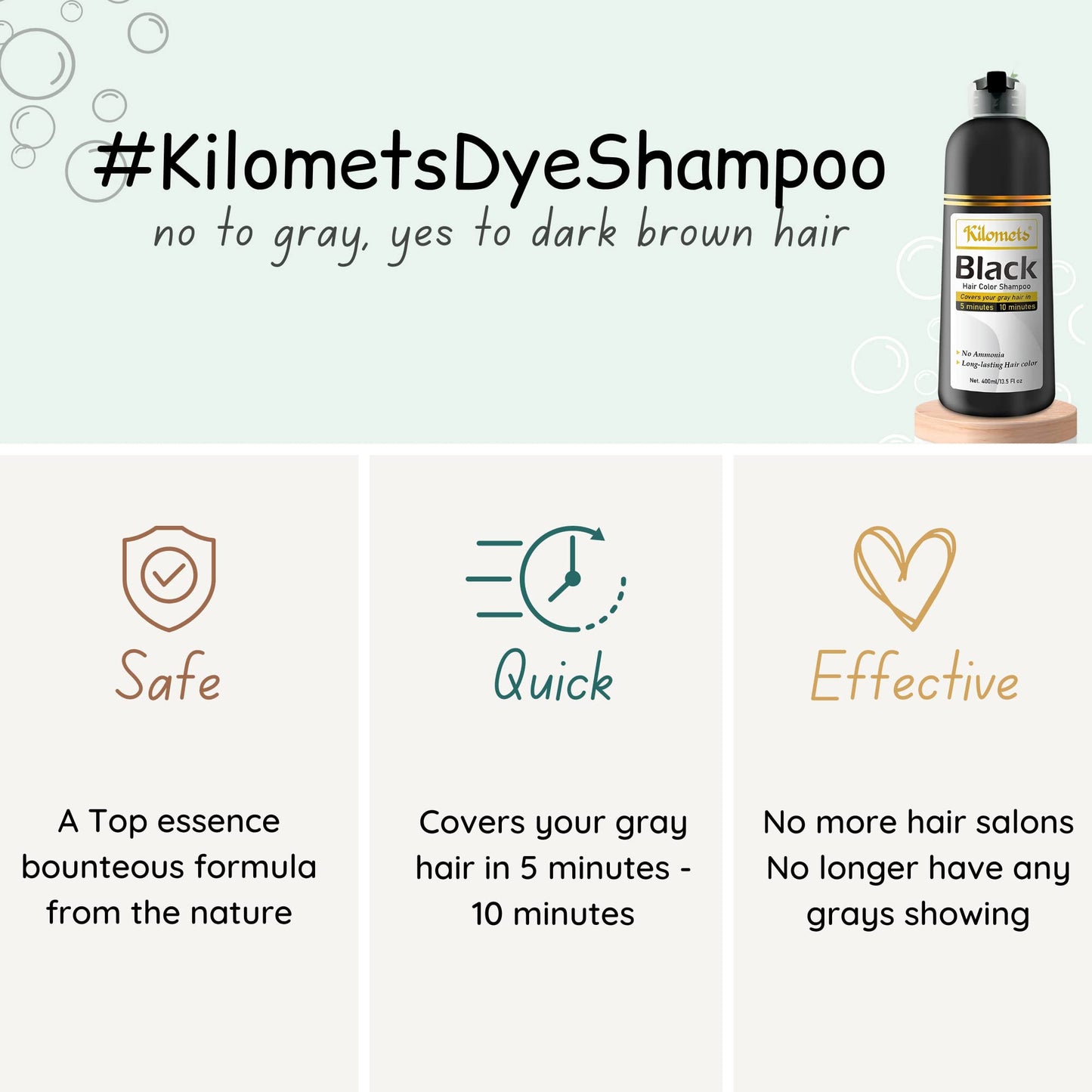 Kilomets Black Hair Dye Shampoo 400ml- Pack 2-100% Grey Coverage in Minutes - Ammonia Free Hair Color Shampoo Gray Silver Hair- Instant Coloring At Home Gift for Her for Him