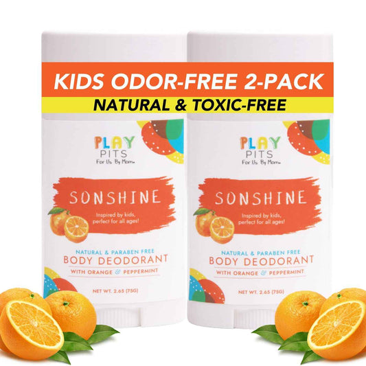 PLAY PITS - Kids Deodorant for Girls & Boys - Natural - Aluminum-Salt Free - Safe for Sensitive Skin – SONSHINE is Infused w/Orange & Peppermint Oils - Non-Toxic & Paraben Free - 2.65oz - 2pk