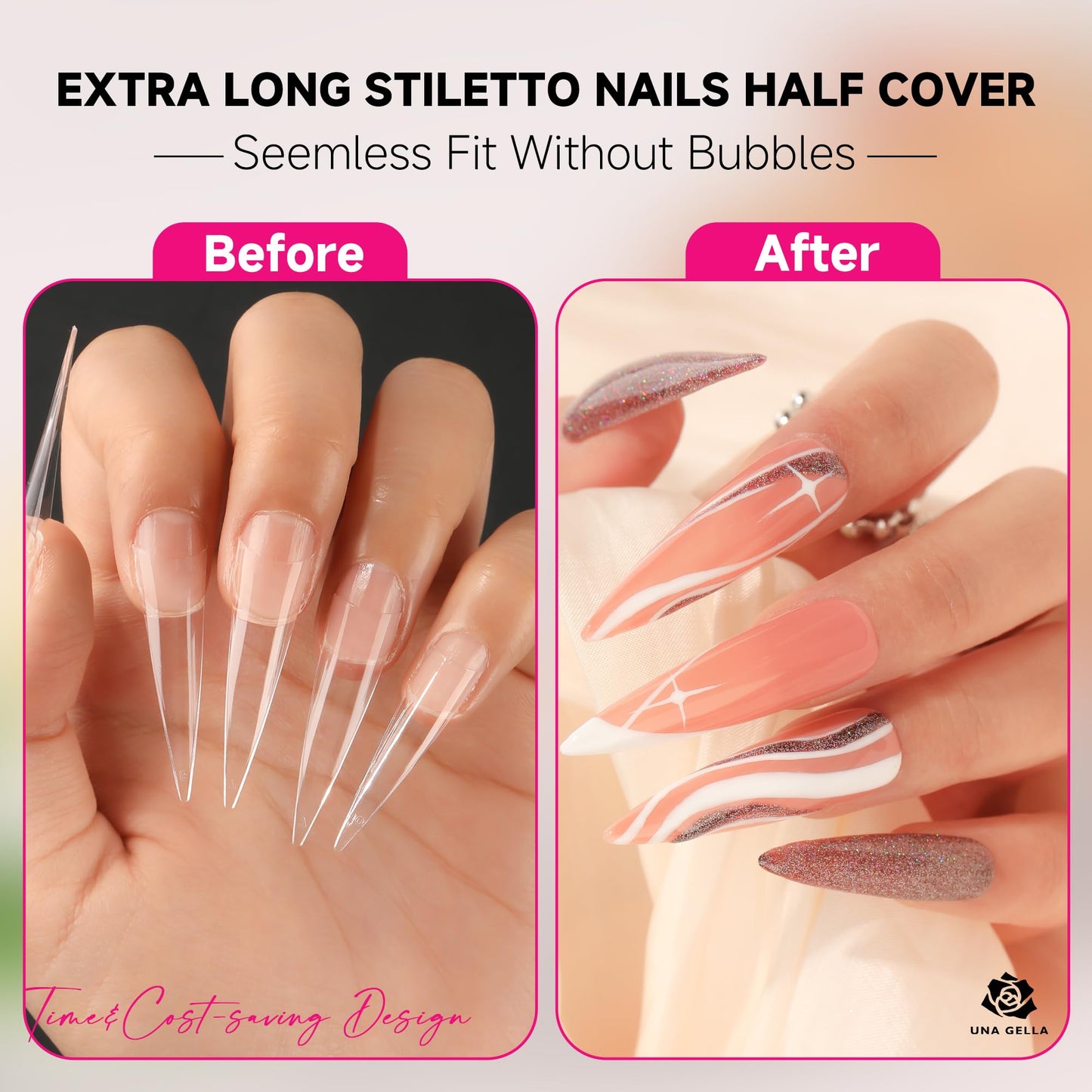 UNA GELLA Long Stiletto Almond Nail Tips for Acrylic Nails 216PCS XXL Long Stiletto False Fake Nails No C Curve Half Nail Tips Traceless Soft Gelly Tips Long Extensions 12 Sizes DIY Nail Art