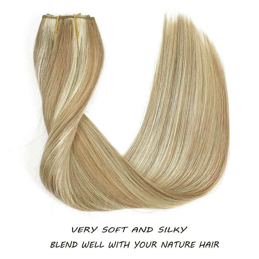 Star Show Wire Hair Extension Human Hair For Women Ash Blonde 16# with Bleach Blonde 613# Natural Straight Hair One Piece for Full Head (14 inch, Highlight Color #16/613)