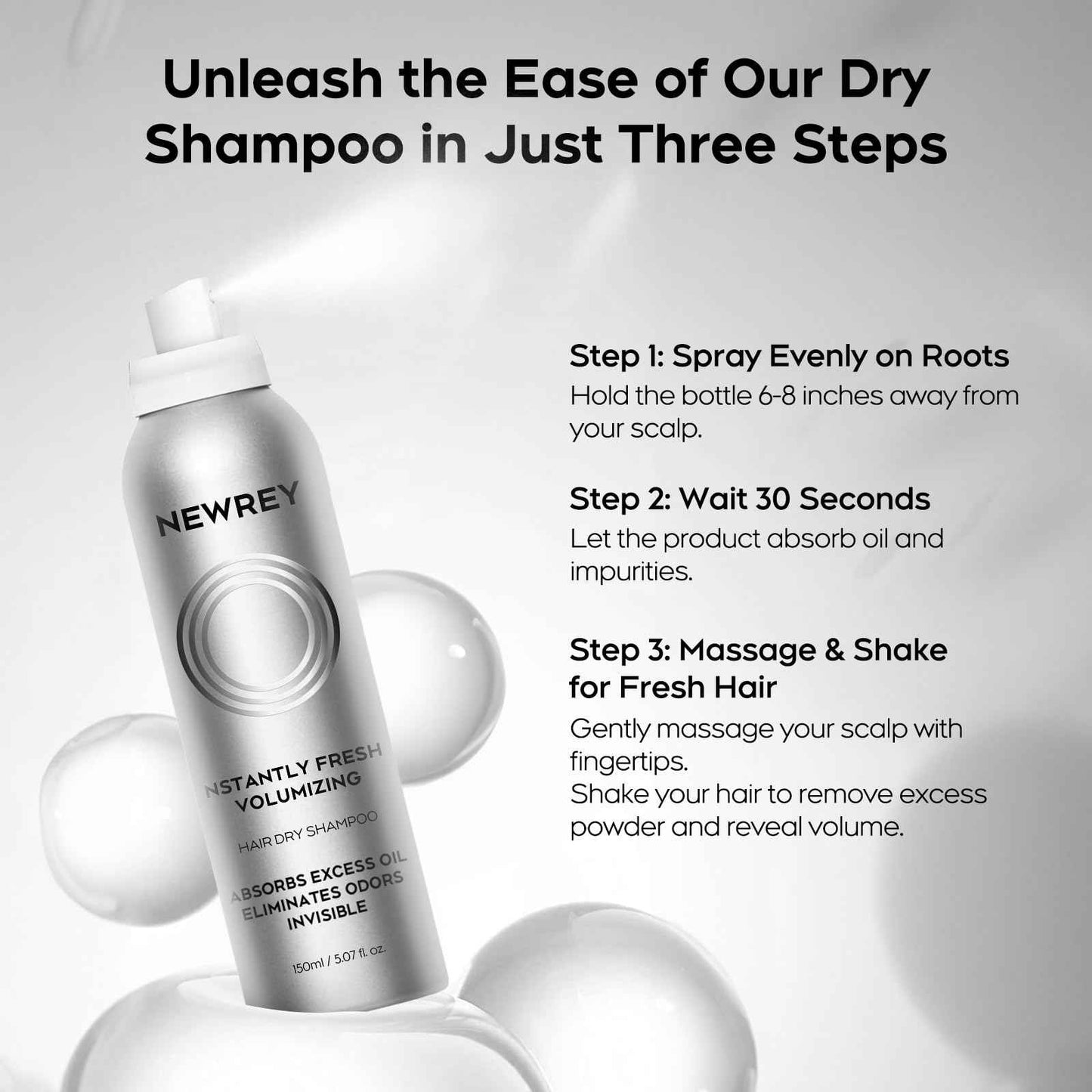NEWREY Dry Shampoo Spray for Women & Men - Freshens hair, Residue-Free, Volumizing Formula with Rice Starch - Absorbs Oil, Eliminates Odors - 5.07 oz