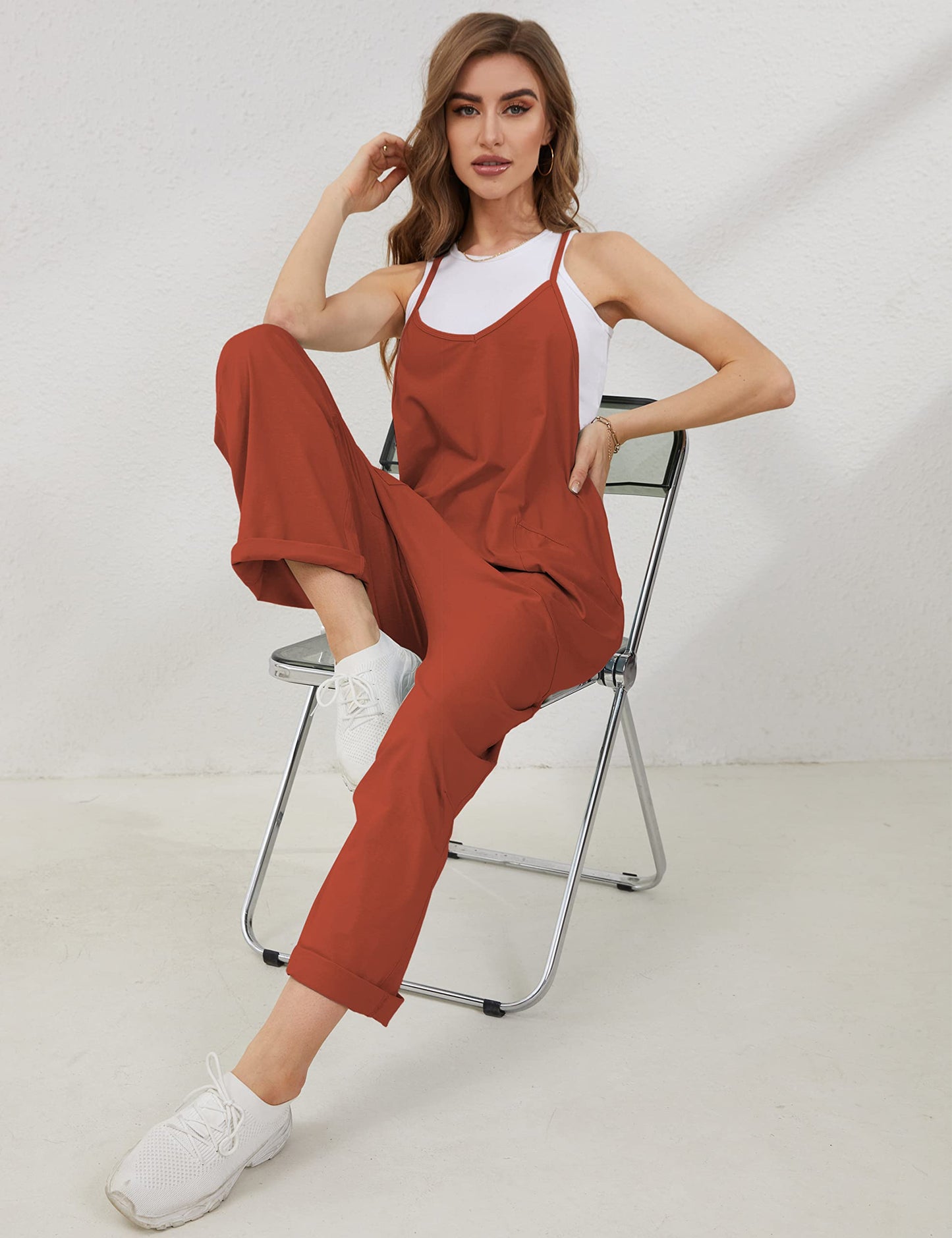 Lentta Women's Causal Jumpsuits V Neck Sleeveless Harem Overalls Stretchy Adjustable Strap Romper with Pockets(Rust-S)