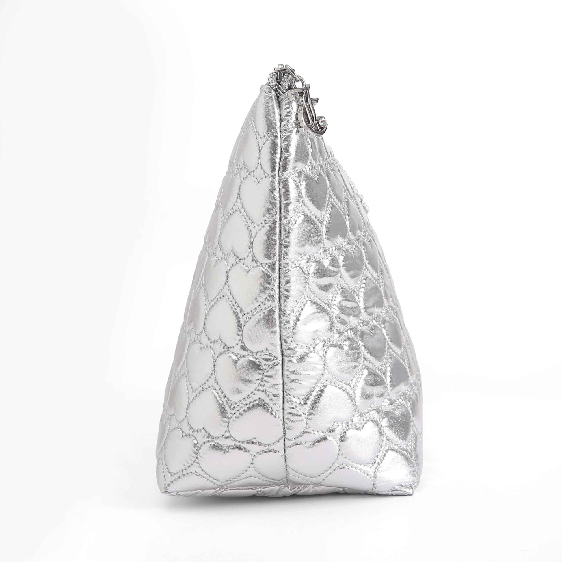Juicy Couture Silver Makeup Bag Cosmetics Organizer Travel Essentials Top Zip Pouch Shiny Quilted Heart