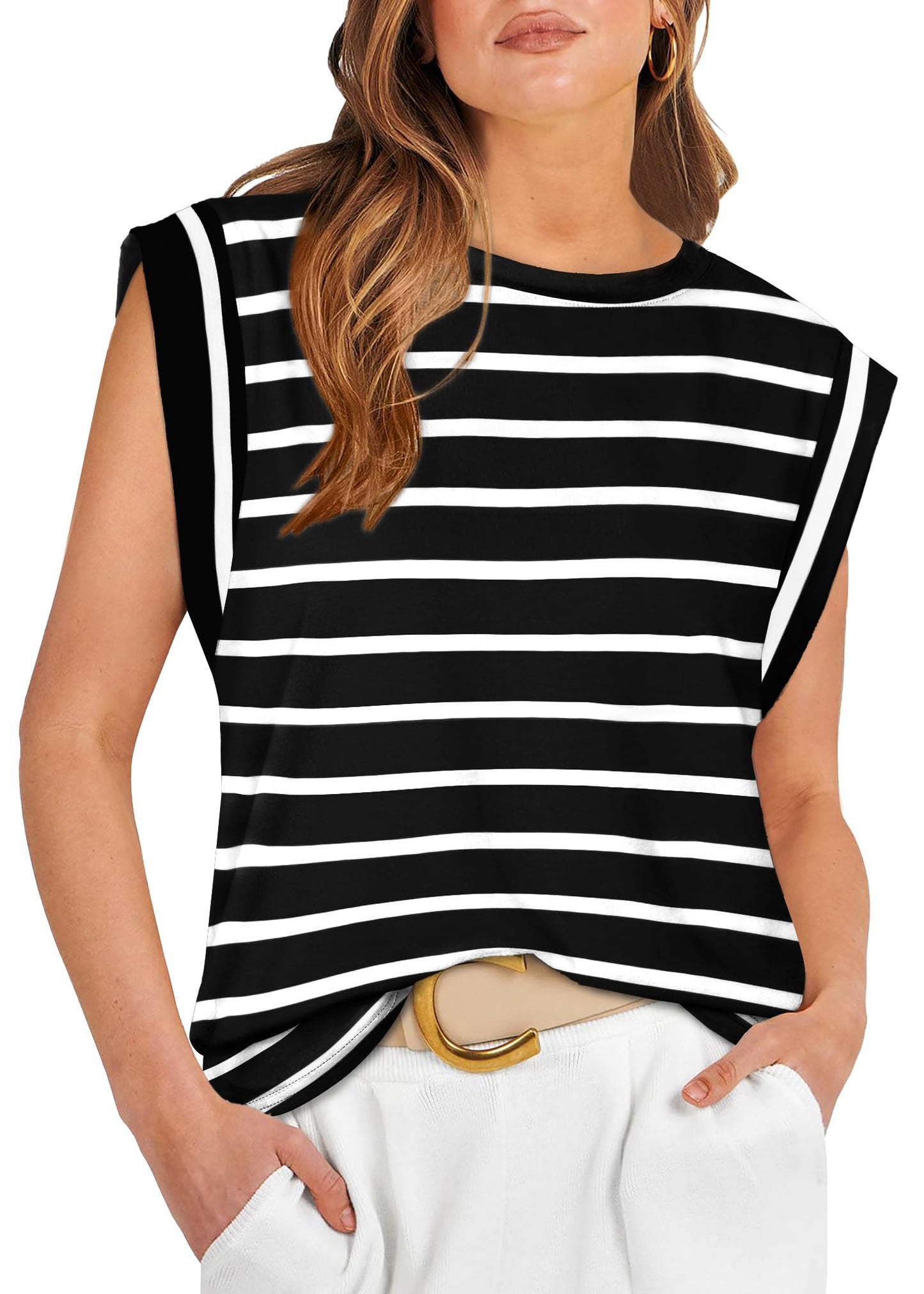 Black and White Striped Shirt Women's T Shirts Cap Sleeve High Neck Tops Trendy Spring Summer Top Dressy Casual Outfits Old Money Clothes 2024 S