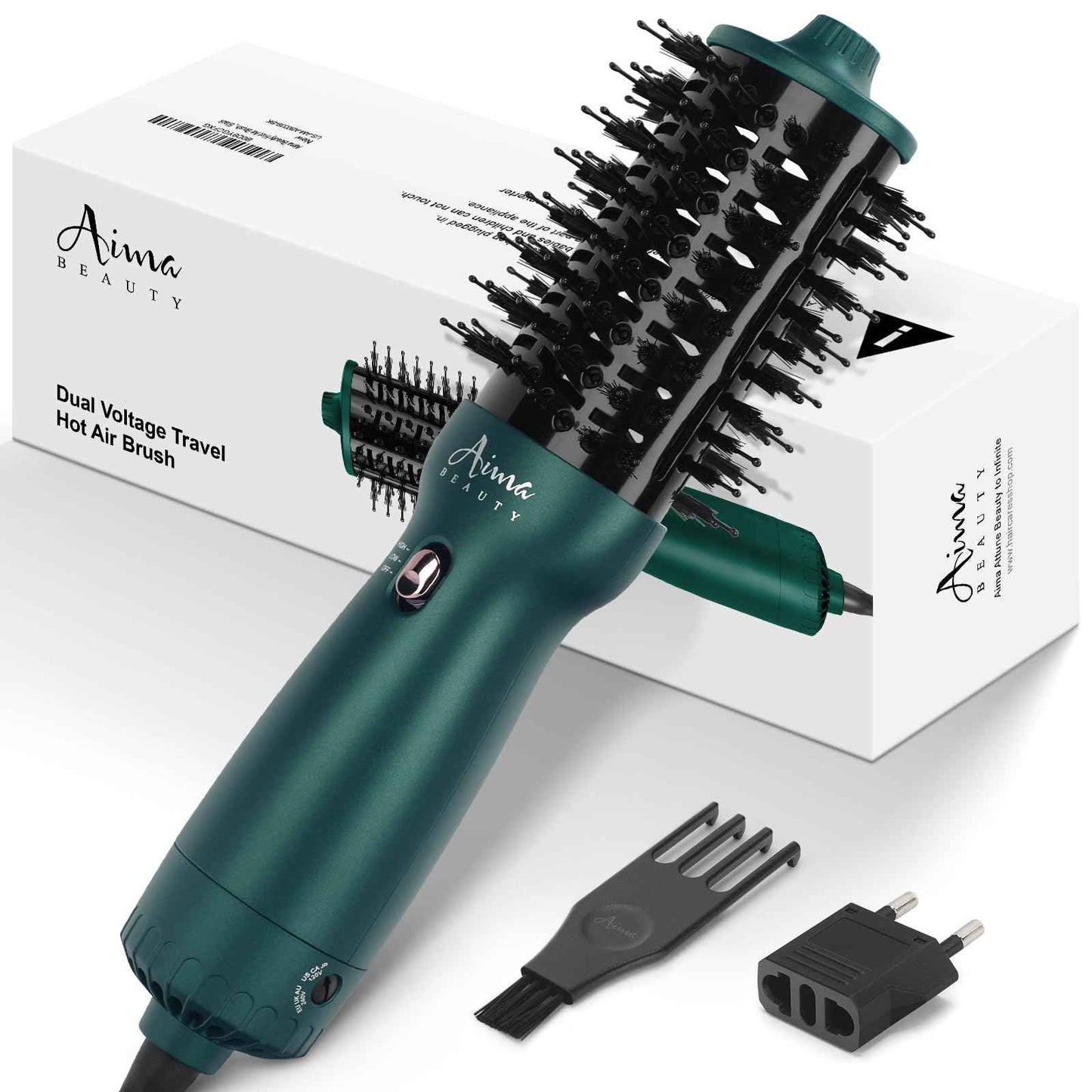 Aima Beauty Hair Dryer Brush Dual Voltage Worldwide Travel Blow Dryer Brush Hot Air Brush Oval Barrel 110-120V/220-240V 360°Airflow,Negative Ionic Frizz-Free Dry/Straightening/Voluming, Dark Green