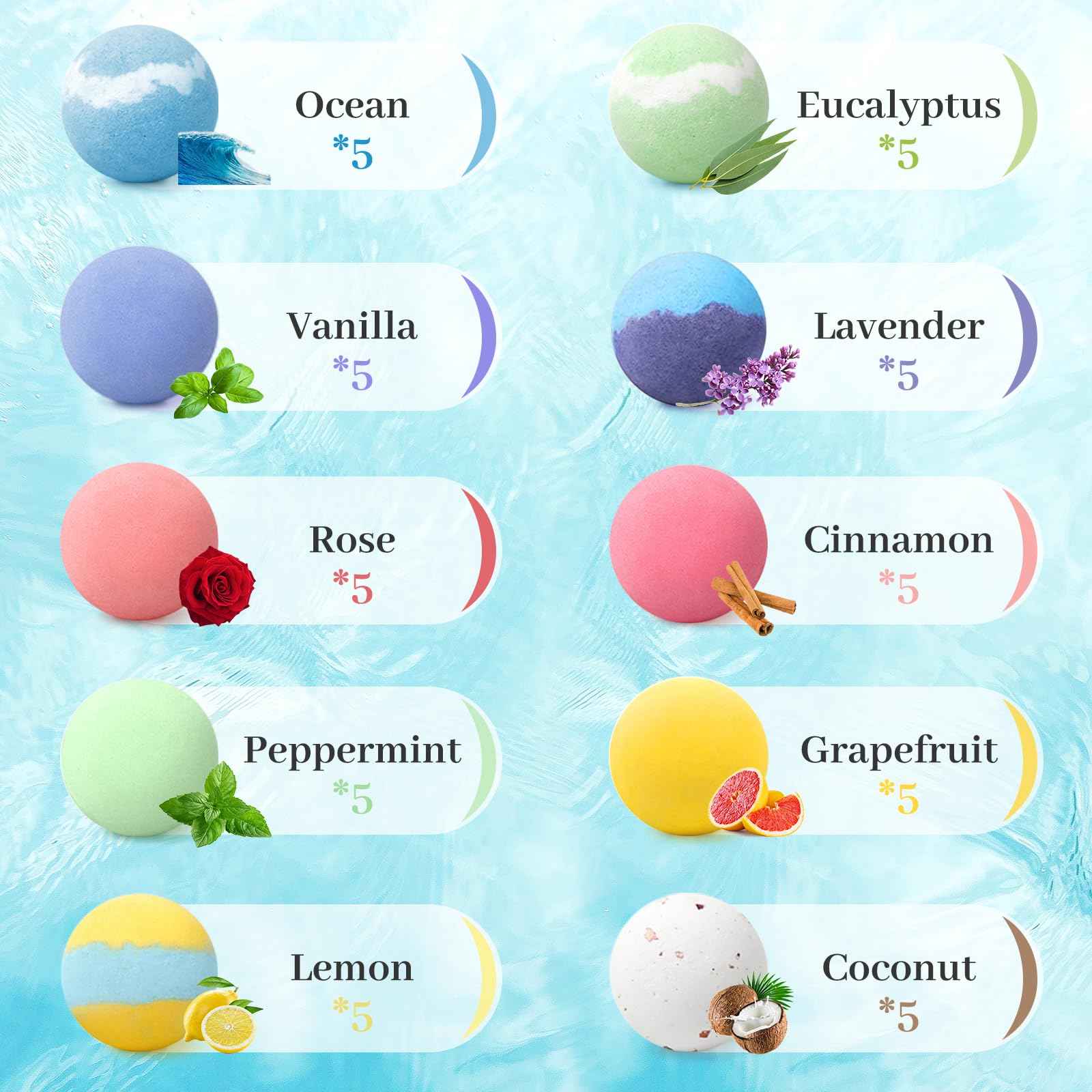 TranquilBliss Bath Bombs Set 50 PCS with 10 Rich Scents, Bath Bombs for Women, Natural Bubble Bombs with Shea Butter & Safe Oil, Ideal for Christmas, Birthday, Valentine's Day Mother's Day Present