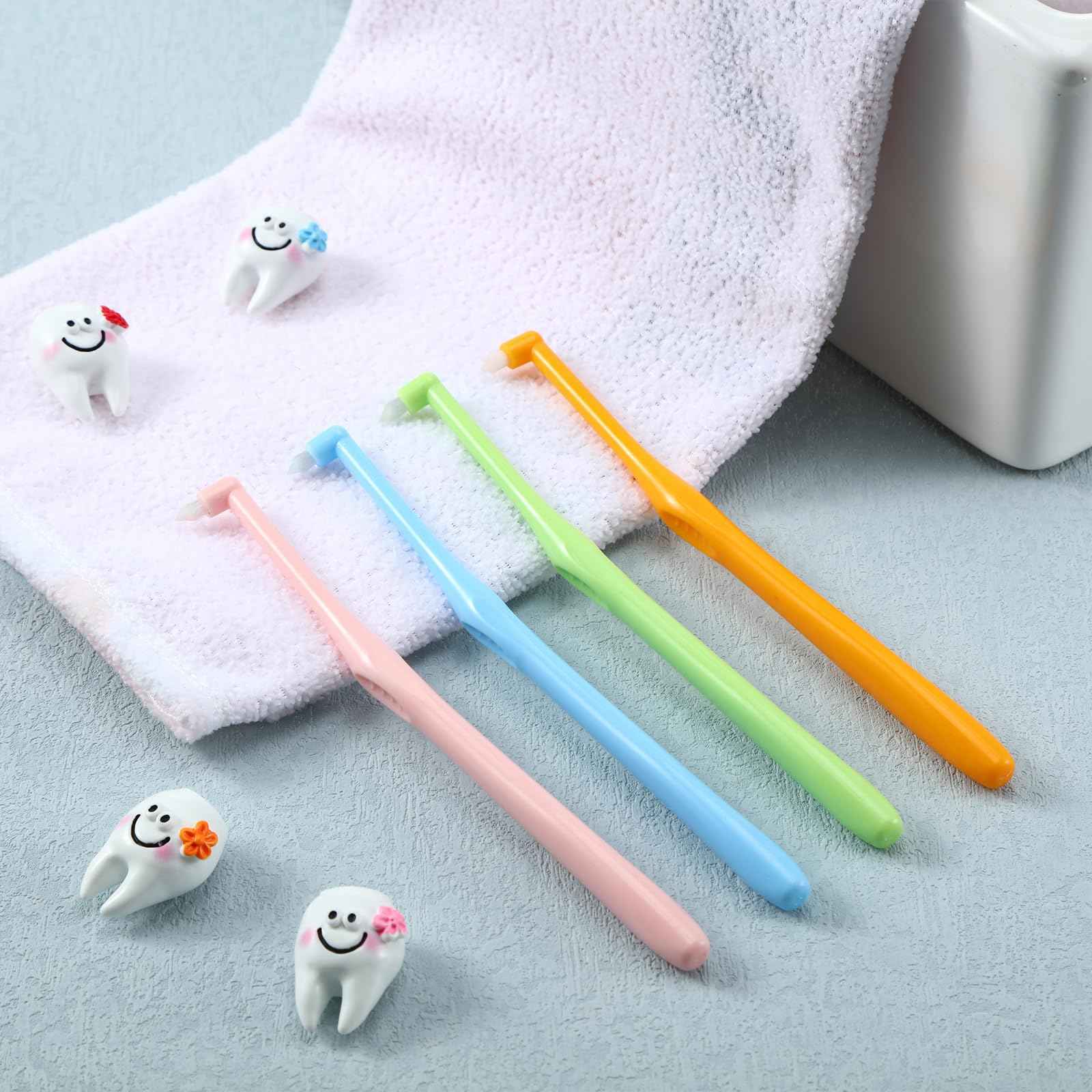 Qinyoung 48 Pcs End Tuft Toothbrush Individually Wrapped Small Head Toothbrush Reusable Orthodontic Brushes for Back Teeth Wisdom Teeth Implants Detail Cleaning, Green Blue Pink and Orange