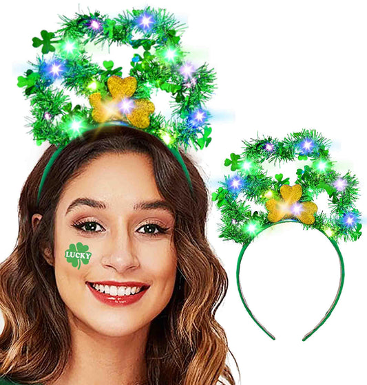 Aksod Light Up St Patricks Day Headband Green Shamrock Headpiece Glitter Lucky Clover Hair Accessories for Women (Style C)