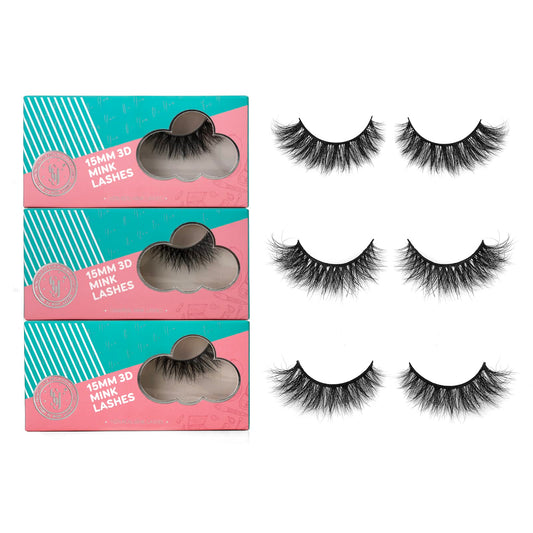 SY LASHES 15mm 3D Real Mink Lashes Natural Look Cat Eye False Eyelashes Wispy Short Fake Eye Lashes Fluffy Luxury Volume 5D Strip Eyelashes (Lucky, 3 Pairs)