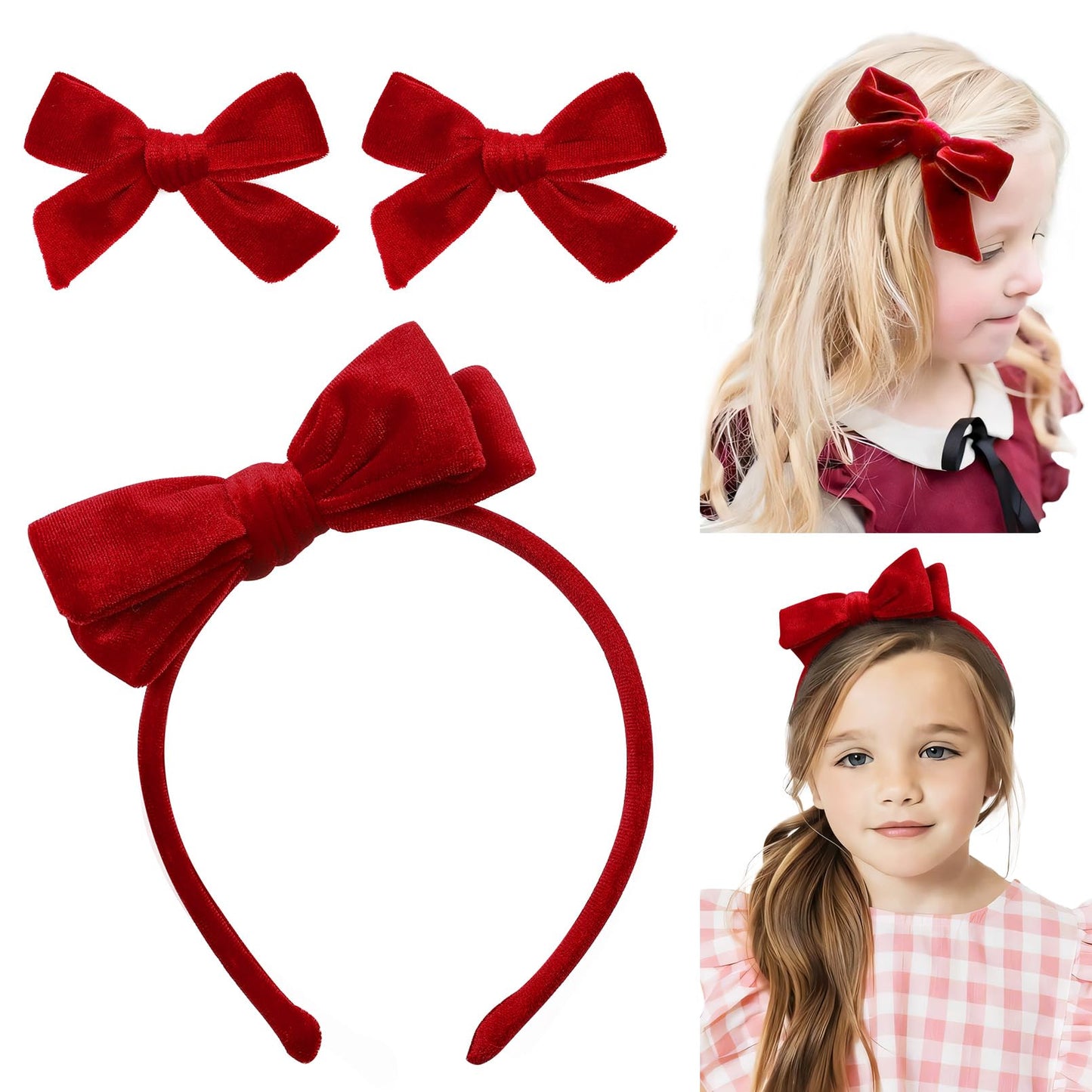 DEEKA Red Velvet Bow Headband & 2 Pcs Velvet Hair Bows Set Velvet Uniform Hair Accessories Hair Band for Little Toddler School Girls -Red