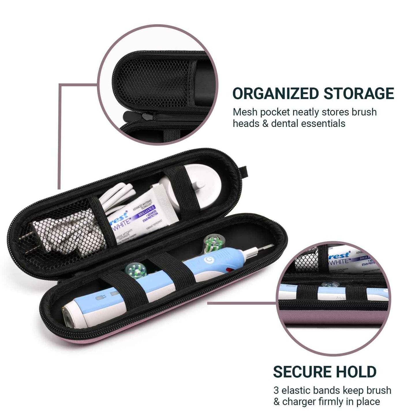 Nincha Compact Electric Toothbrush Travel Case, EVA Protective Storage Bag for Philips Sonicare/Oral-B, Waterproof Portable Carrying Case with Mesh Pocket & Elastic Bands (Smoky Pink)