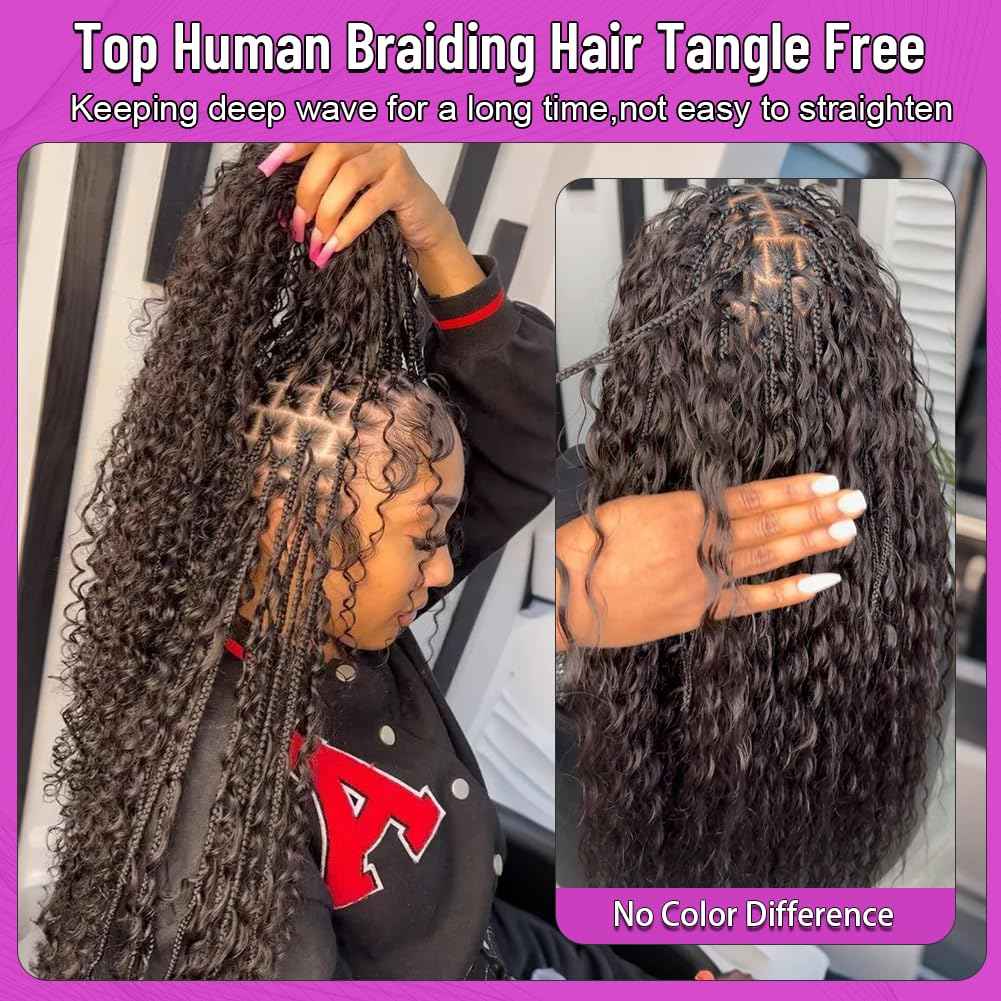 18 Inch Human Braiding Hair for Boho Braids 110g Natural Black 18Inch No Weft 2 Bundles/Pack Deep Water Wave Boho Bulk Human Hair for Knotless Braiding Curly Water Wave Hair