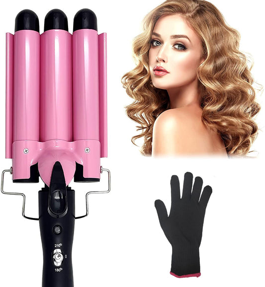 Newlemo 3 Barrel Curling Iron 25mm, 1-Inch Crimper Hair Iron Temperature Adjustable, Hair Crimper Ceramic Tourmaline Fast Heating Curling Wand with Heat Resistant Glove(Pink)