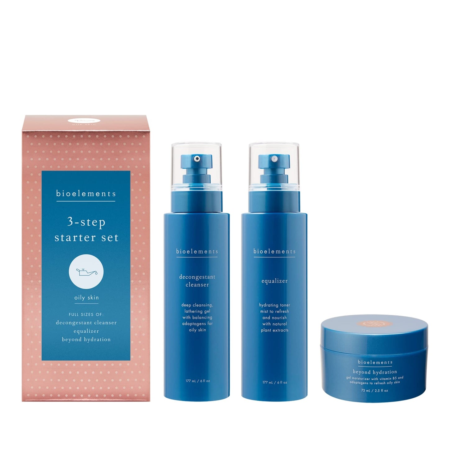 Bioelements 3-Step Starter Set: Oily Skin - Includes Decongestant Cleanser, Equalizer Toner & Beyond Hydration Moisturizer - Vegan, Gluten Free - Never Tested on Animals