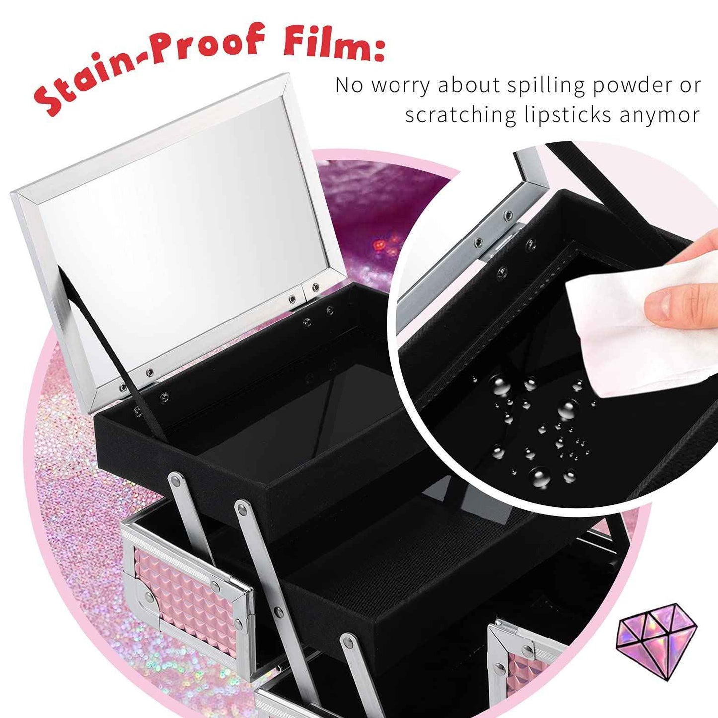 FRENESSA Makeup Train Case Makeup Box Organizer Portable Cosmetic Travel Case Makeup Case with Mirror Locking Make Up Cases Organizers and Storage for Nail Supplies Hard Cosmetic Box Shiny Pink