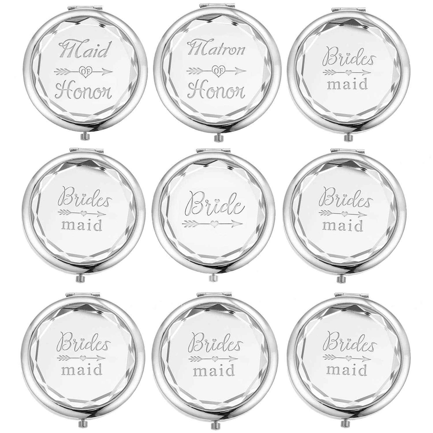Pack of 9 Compact Pocket Makeup Mirrors Set - Include 1 Bride, 1 Maid of Honor, 1 Matron of Honor and 6 Bridesmaid Mirrors - Wedding Bridesmaid Proposal Gifts (Silver)