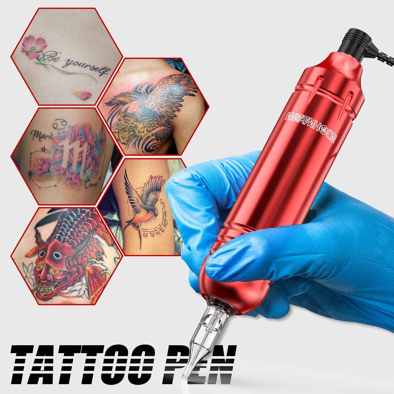 Wormhole Tattoo Kit Tattoo Gun Kit Tattoo Machine Kit for Beginners Tattoo Gun 20 Color Inks Power Supply Tattoo Pen Kit Red