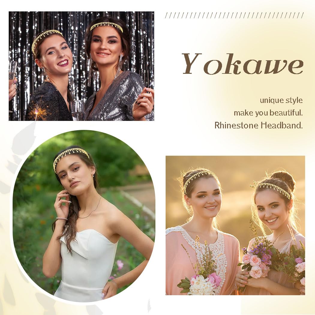 Yokawe Rhinestone Headband Crystal Head Chain Elastic Boho Sparkle Tassel Headpieces for Women (Gold A)