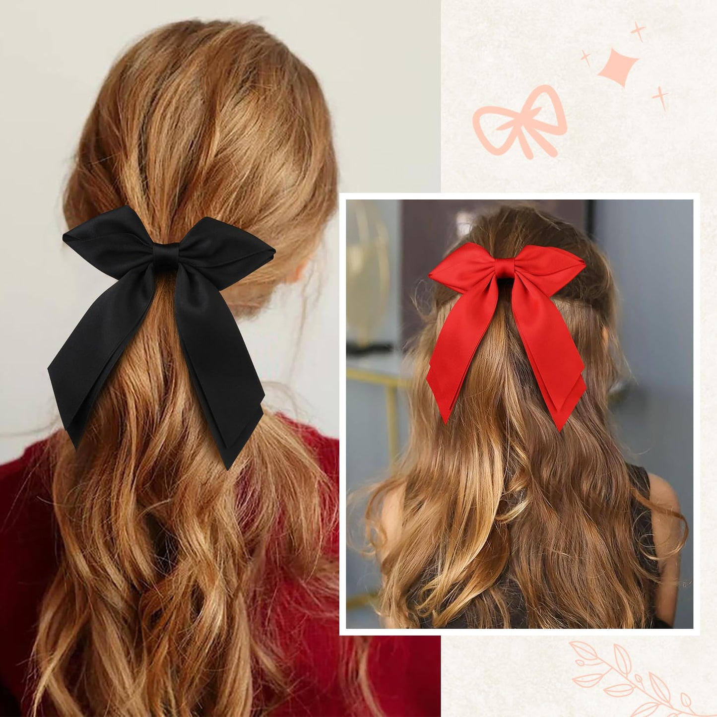 DEEKA 2 PCS Hair Bows Hair Ribbon Clips for Women 6" Black Red Double-layered Hair bows Matte Satin Bowknot Long Tail Hair Accessories for Women Girls (Red, Black)