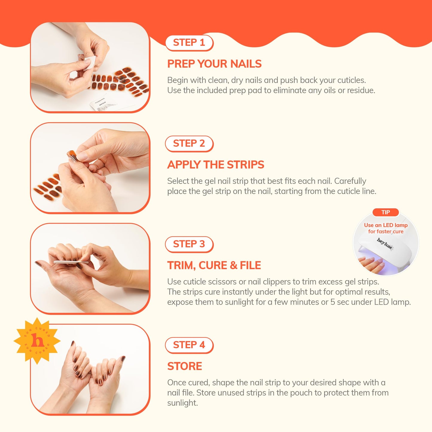 Heyhae Semi Cured Gel Nail Strips | Sun Cured Gel Nail Wraps No LED Lamp Needed Easy Apply & Remove | Includes 28 strips, 1 Prep Pad, 1 Nail File & 1 Wooden Stick - Hey, Make Me Blush