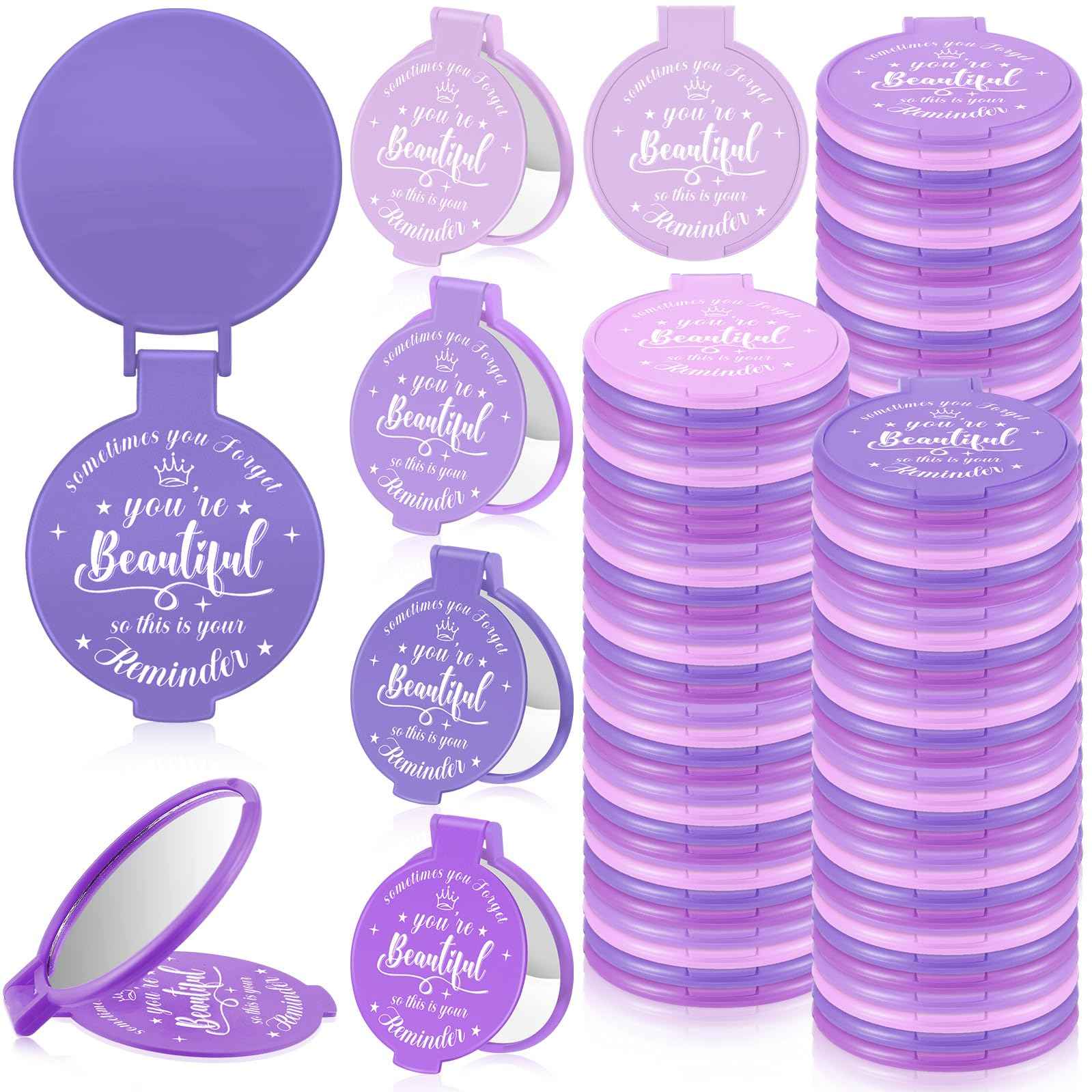 Gulfmew 100 Pcs 2.76 Inch Inspirational Compact Mirror Bulk Party Favors Quinceanera Gift Purse Small Mirror Pocket Mini Gifts for Women Adult Coworker Halloween Christmas Friends (Purple Series)