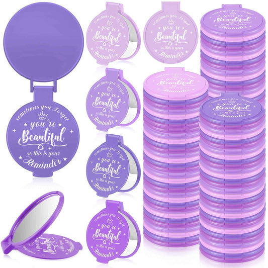 Gulfmew 100 Pcs 2.76 Inch Inspirational Compact Mirror Bulk Party Favors Quinceanera Gift Purse Small Mirror Pocket Mini Gifts for Women Adult Coworker Halloween Christmas Friends (Purple Series)