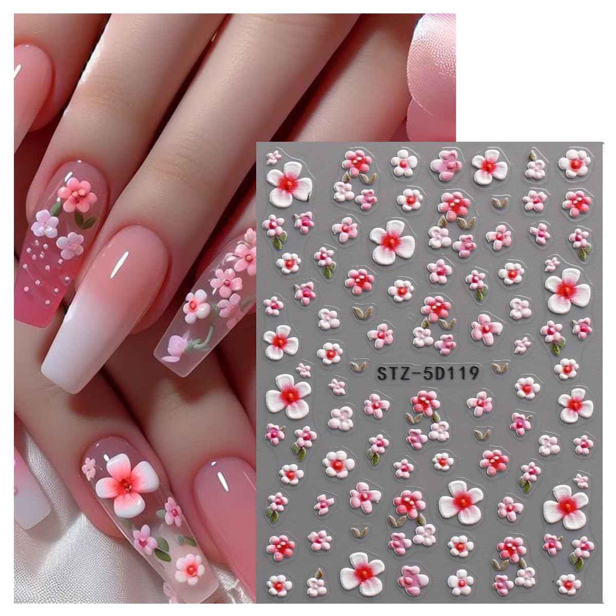 JMEOWIO 3D Embossed Flower Nail Art Stickers Decals Self-Adhesive 5D Spring Summer Floral Nail Supplies Nail Art Design Decoration Accessories 4 Sheets