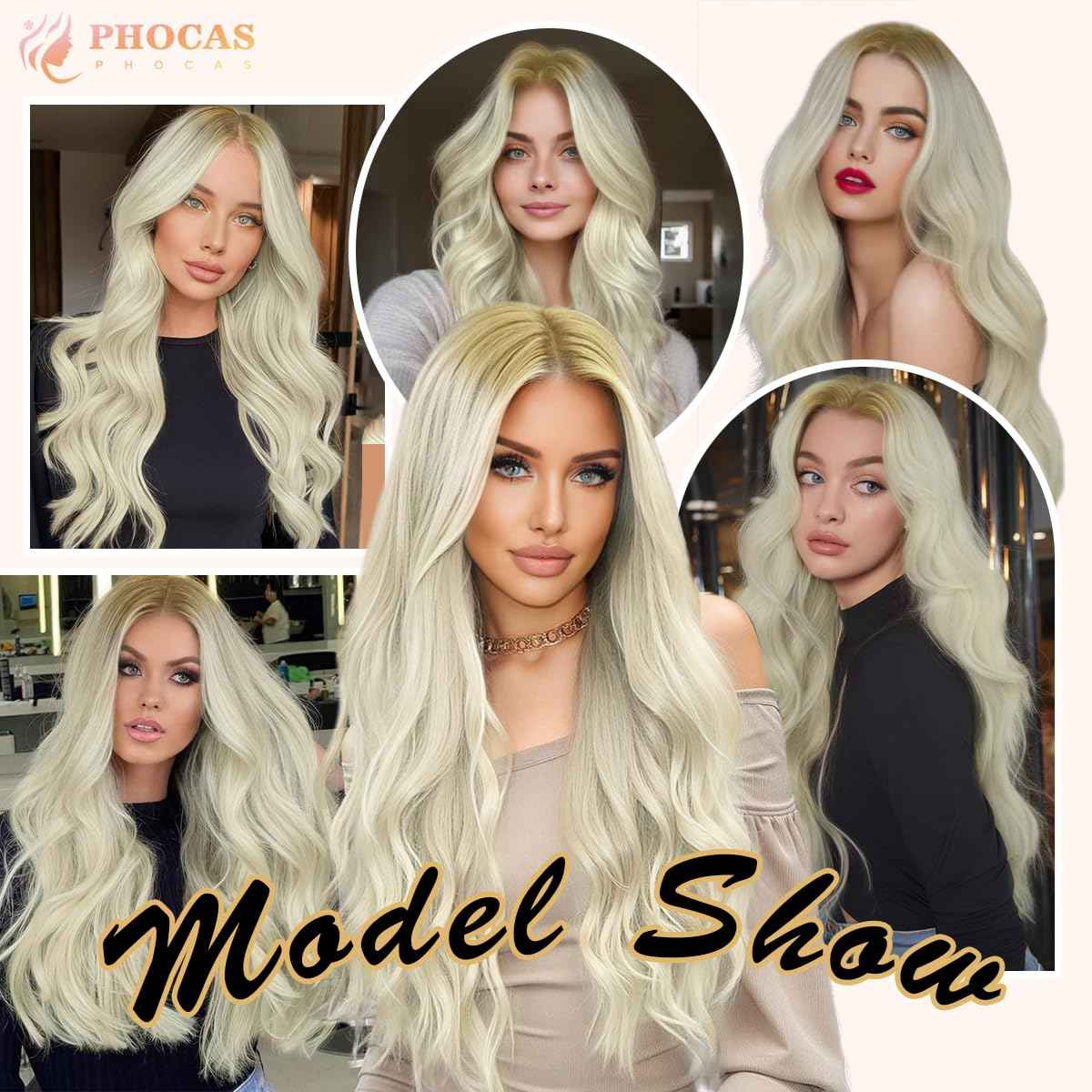 PHOCAS 30 Inch Curly Blonde Lace Front Wig 13x3 Synthetic Lace Front Wig Pre Plucked Free Part, Ombre Blonde Long Body Wave HD Lace Frontal Wigs for Women Halloween Cosplay Party Daily Use