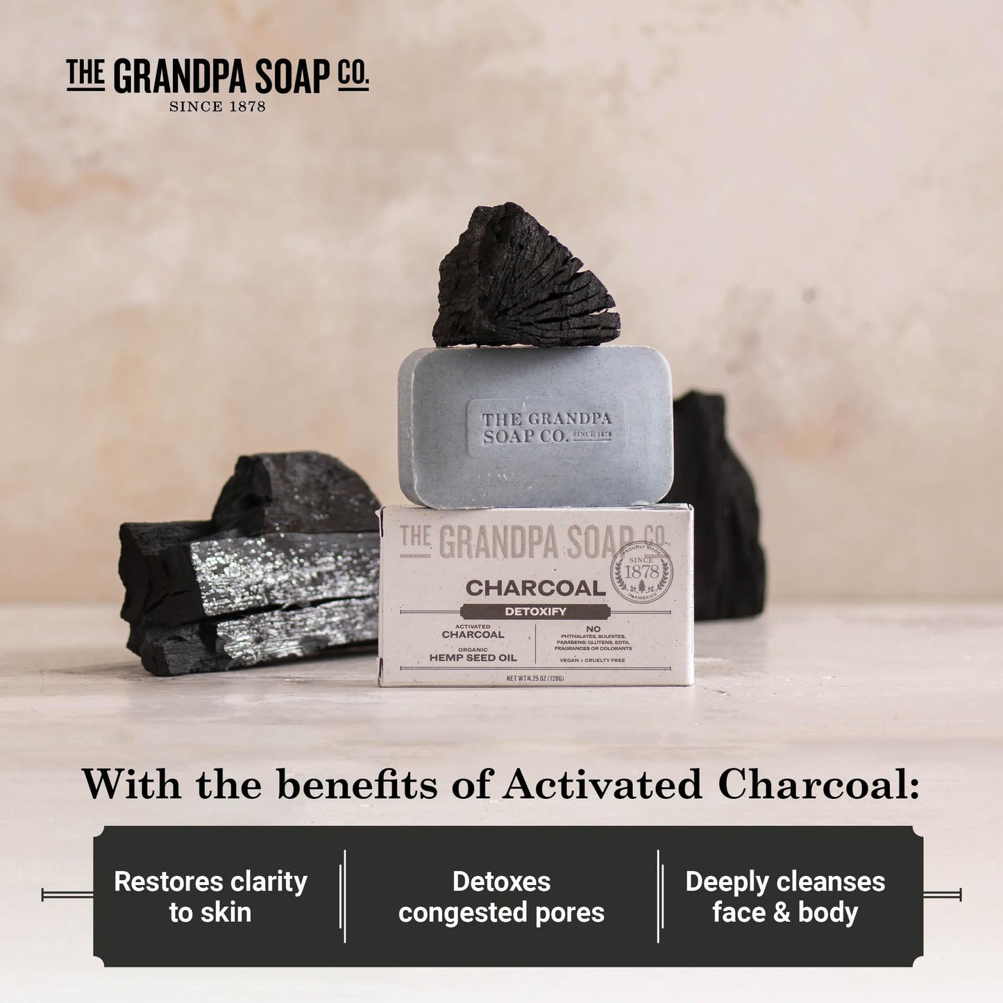 The Grandpa Soap Company Charcoal Bar Soap - With Activated Charcoal Hemp Seed and Mint Oil, Detoxifies, Draws Out Dirt and Toxins, Clear Congested Pores, Vegan, 4.25 Oz, 6 Pack